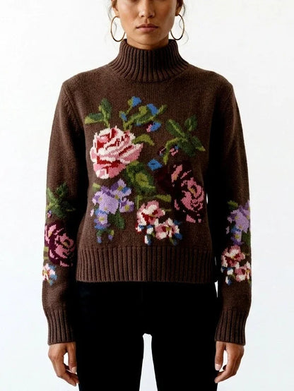 Floral Intarsia Wool Cashmere High Neck Sweater - Small - Sweaters & Knitwear