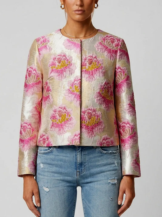 Floral Jacquard Cropped Jacket in Pink and Gold - S - Jackets