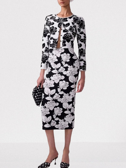 Floral Jacquard Knit Cardigan and Skirt Set - XS - Suits & Sets