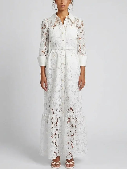 Floral Lace Belted Button-Front White Maxi Dress - S - Dresses