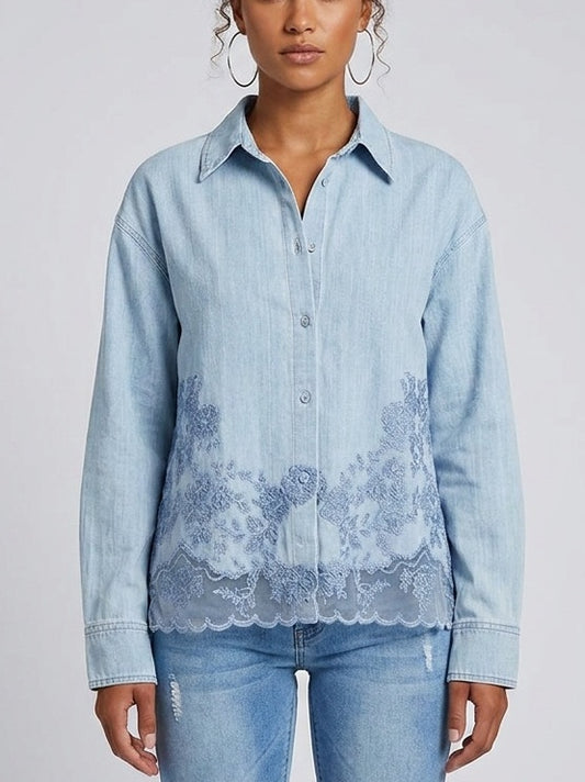 Floral Lace Embroidered Denim Shirt - Small - Tops