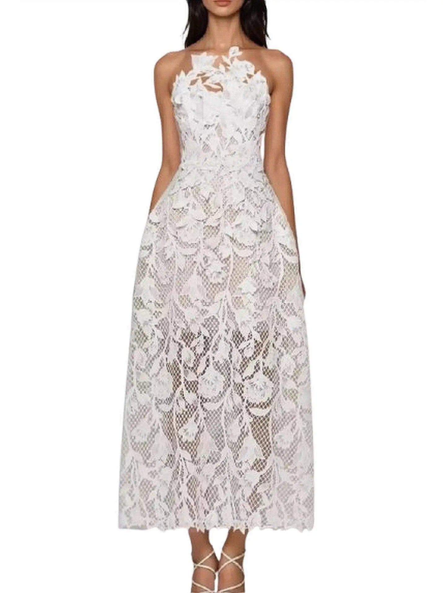 Floral Lace Embroidered White Sleeveless Dress - S - Dresses