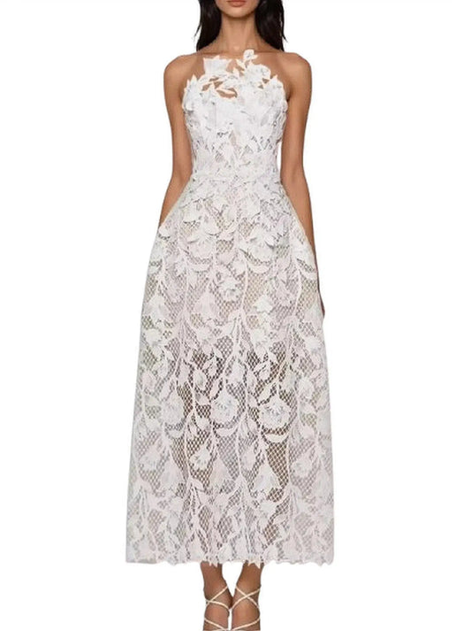 Floral Lace Embroidered White Sleeveless Dress - S - Dresses