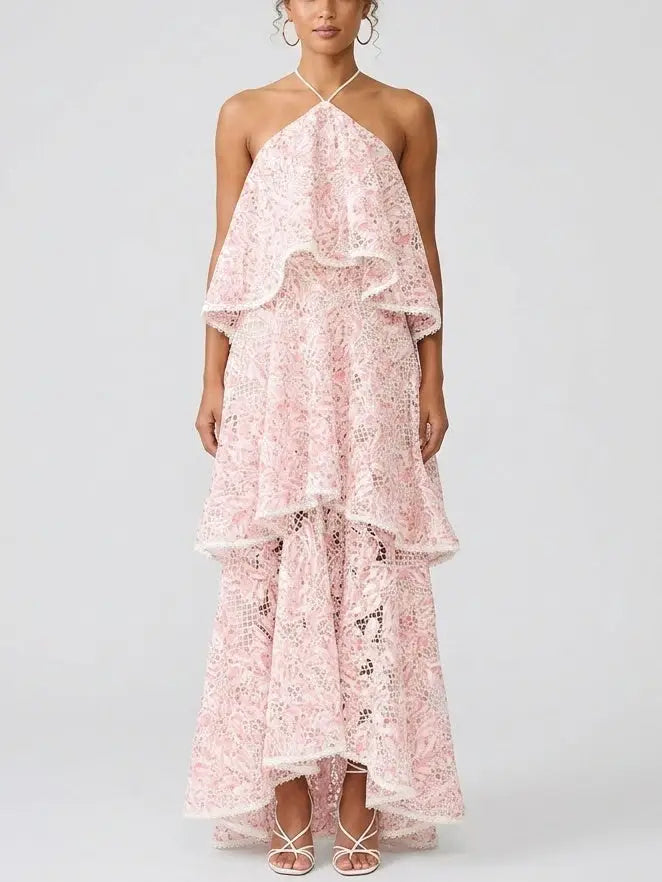 Belted Lace-Tiered Paneled Midi Dress - Small - Dresses