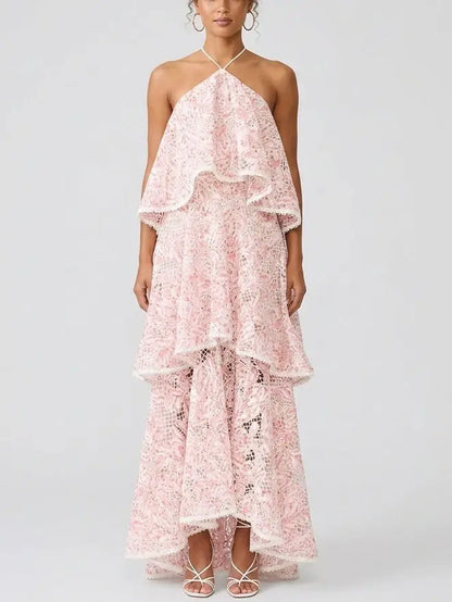 Belted Lace-Tiered Paneled Midi Dress - Small - Dresses