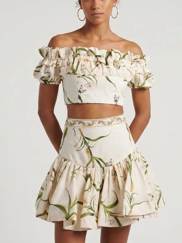 Floral Linen Off Shoulder Crop Top and Skirt Set - S - Suits & Sets