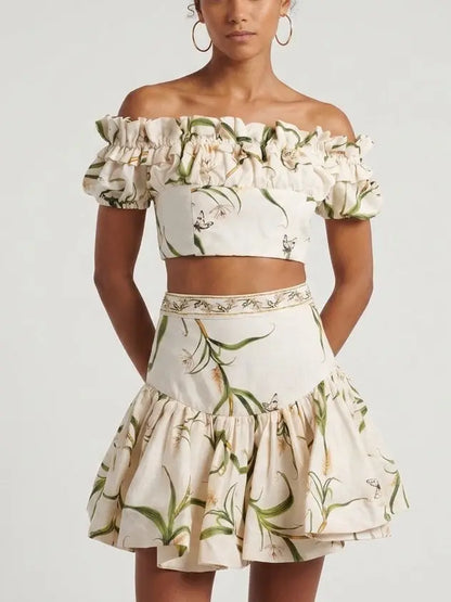 Floral Linen Off Shoulder Crop Top and Skirt Set - S - Suits & Sets