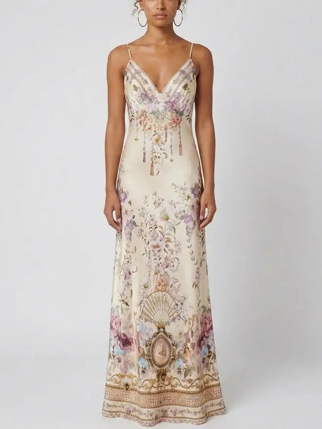 Floral Medallion Print Silk Slip Maxi Dress - S - Dresses