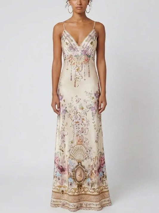 Floral Medallion Print Silk Slip Maxi Dress - S - Dresses