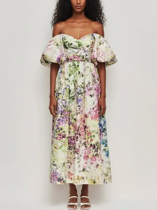 Floral Off-Shoulder Puff-Sleeve Gathered Dress - S - Dresses