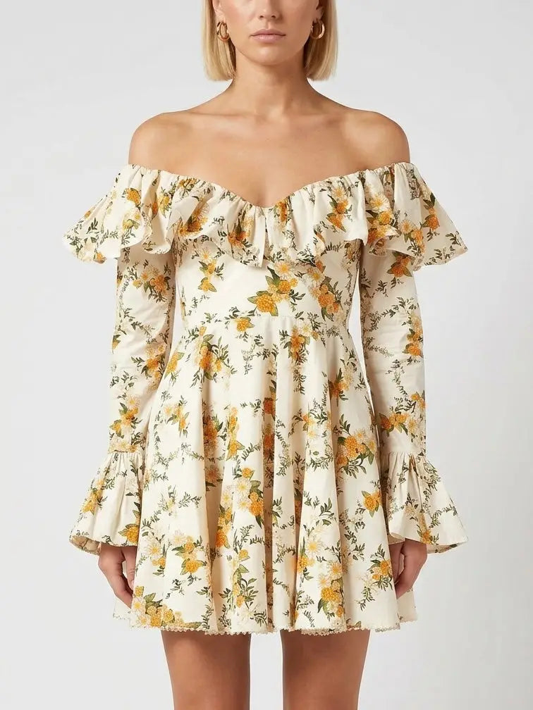Floral Off-Shoulder Ruffle V-Neck Cotton Mini Dress - S - Dresses