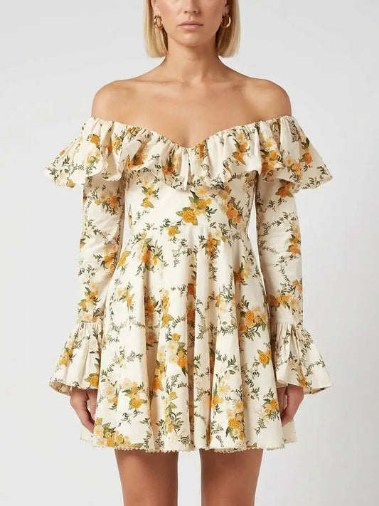 Floral Off-Shoulder Ruffle V-Neck Cotton Mini Dress - S - Dresses
