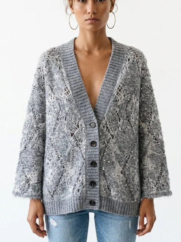 Floral Open Knit Mohair Cardigan with Sequin Details - Small / Grey - Sweaters & Knitwear