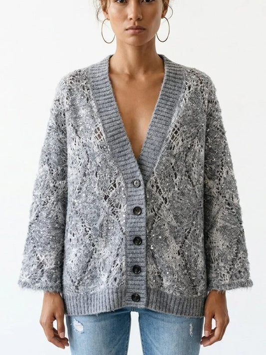 Floral Open Knit Mohair Cardigan with Sequin Details - Small / Grey - Sweaters & Knitwear