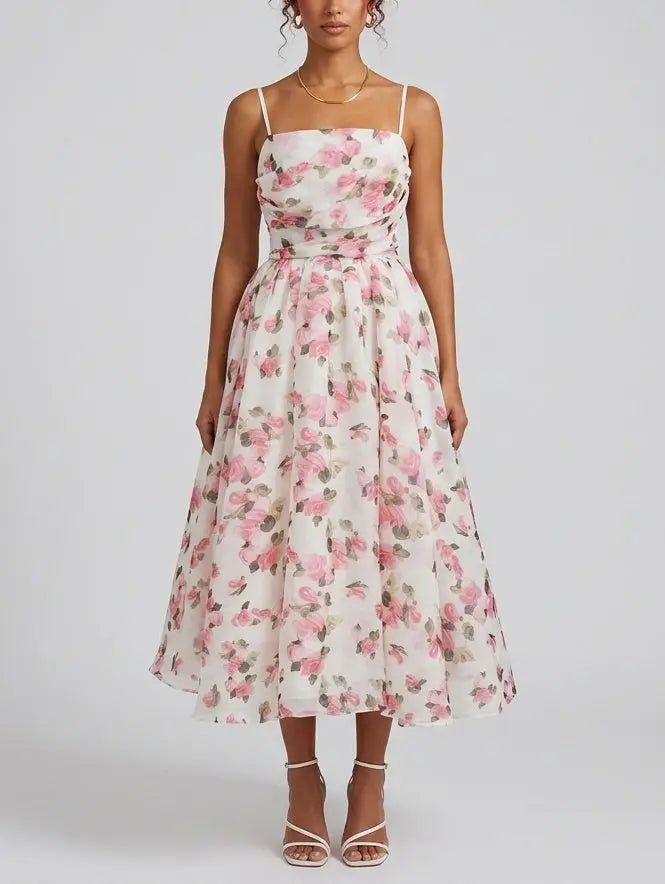 Floral Organza Fit and Flare Midi Dress - Small - Dresses