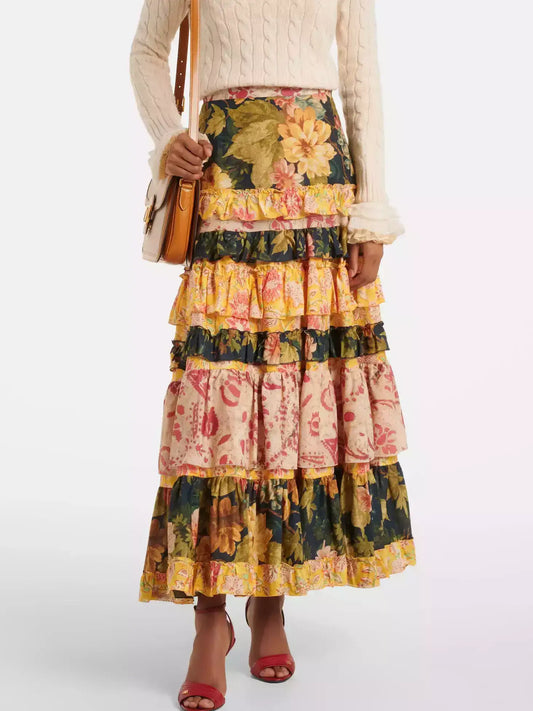 Floral Patchwork Tiered Cotton Maxi Skirt - S - Skirts
