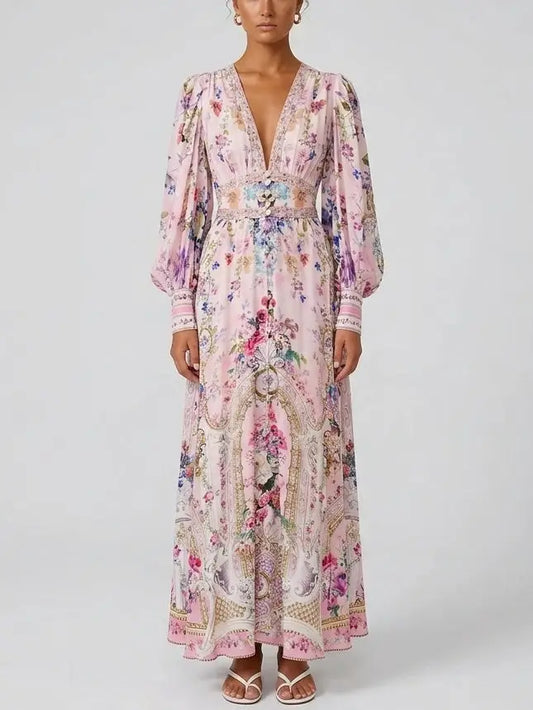 Floral Pink Silk Maxi Dress with Empire Waist - S - Dresses