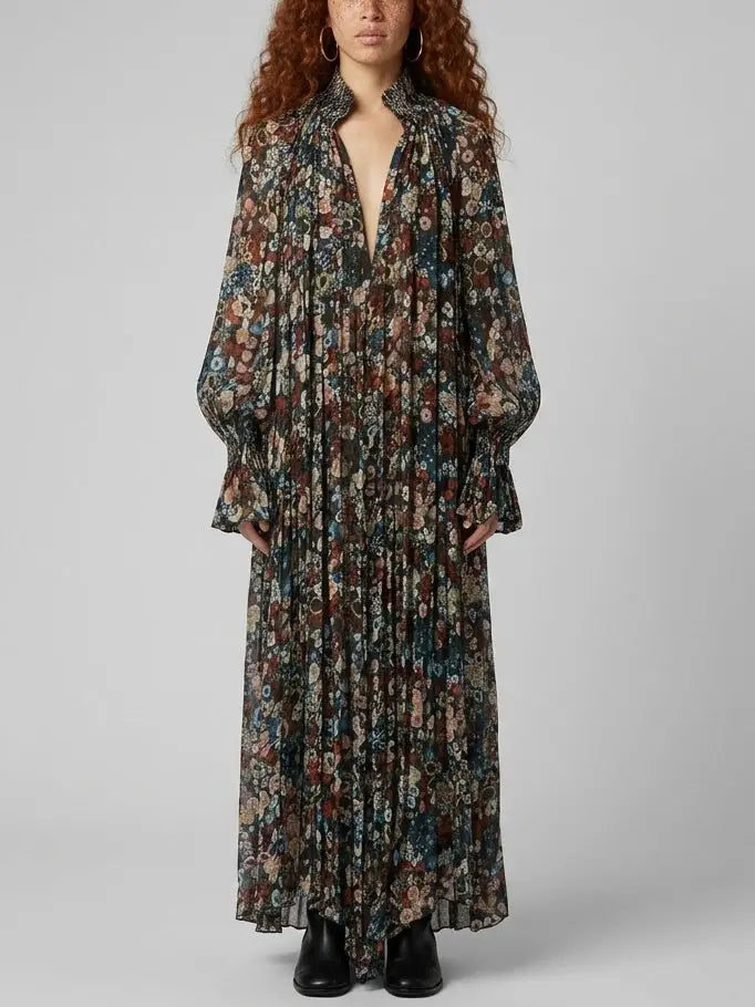 Floral Pleated Loose Maxi Dress with Smocking - Small - Dresses