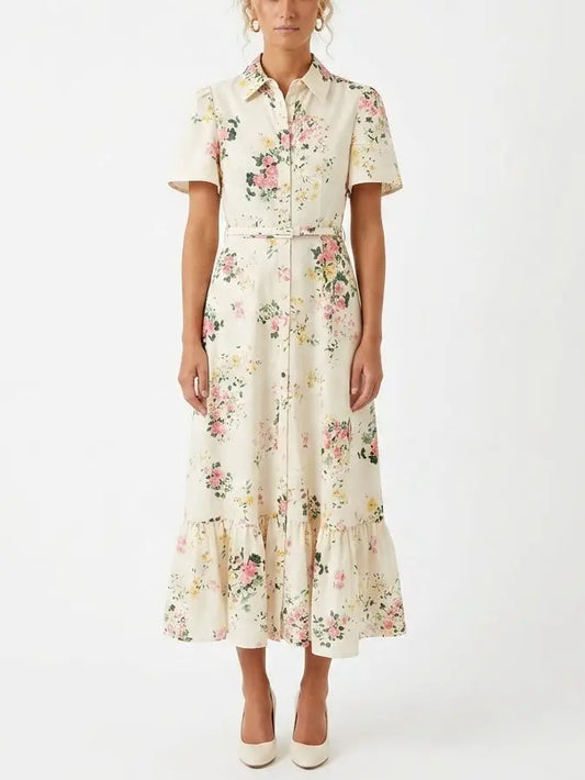 Floral Print Belted Cotton Shirt Maxi Dress - S - Dresses