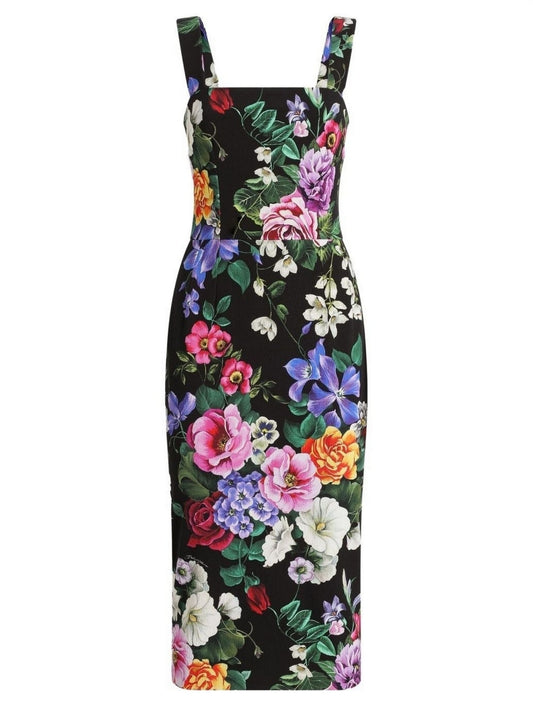Floral Print Black Midi Sheath Dress