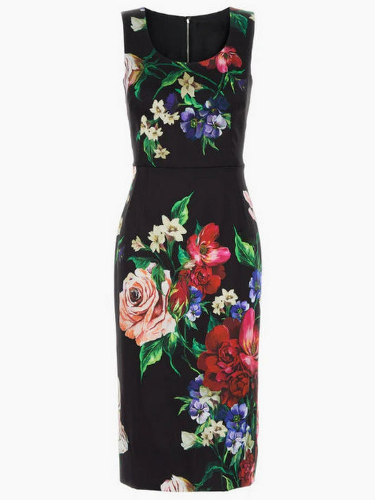 Floral Print Black Satin Sleeveless Midi Dress
