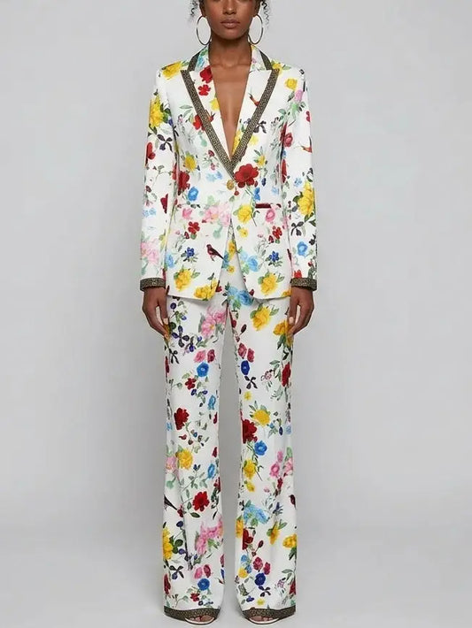 Floral Print Blazer and Pants Set with Contrast Trim - S - Suits & Sets