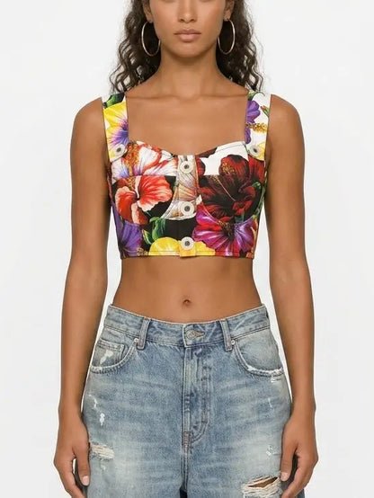 Floral Print Button Front Cropped Top with Cross Back - S - Tops