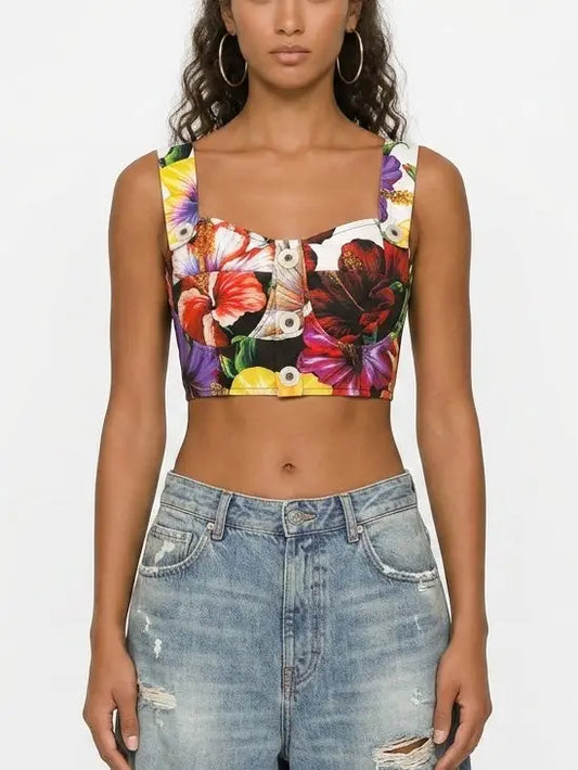 Floral Print Button Front Cropped Top with Cross Back - S - Tops