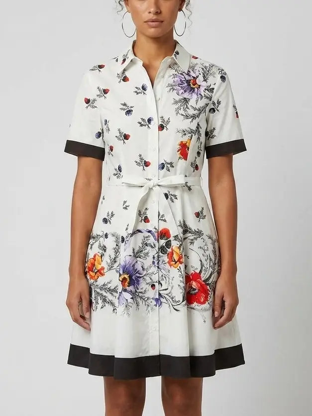 Floral Print Contrast-Trim Cotton Mini Shirt Dress - S - Dresses