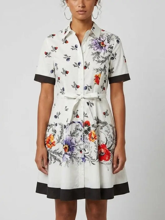 Floral Print Contrast-Trim Cotton Mini Shirt Dress - S - Dresses