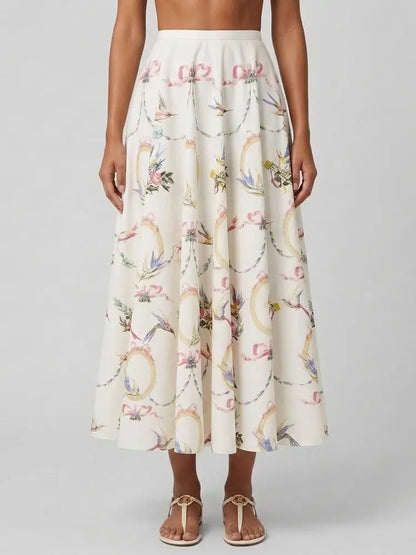 Floral Print Cotton Skirt with Ribbon Detail - S - Skirts