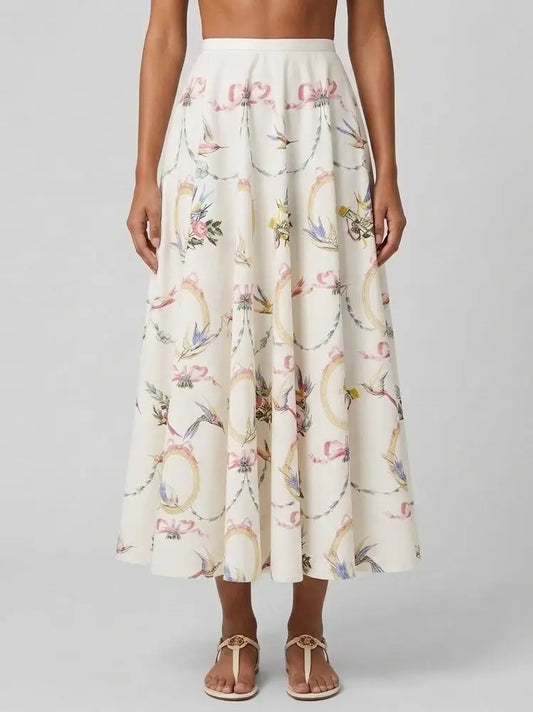 Floral Print Cotton Skirt with Ribbon Detail - S - Skirts