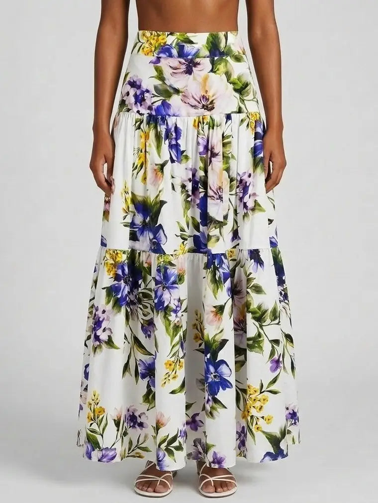 Floral Print Cotton Tiered Maxi Skirt - S - Skirts