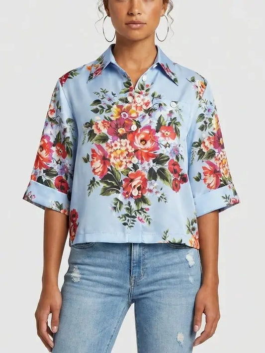 Floral Print Cropped Silk Shirt in Light Blue - S