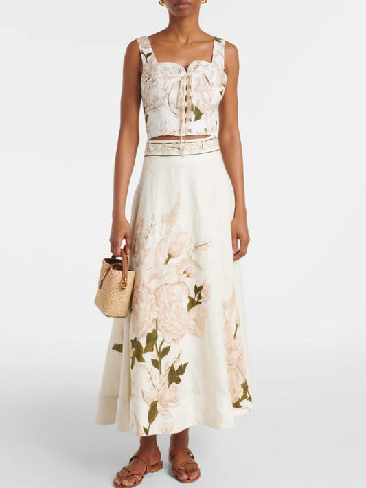 Floral Print Lace-Up Corset Top and Skirt Set - S - Suits & Sets