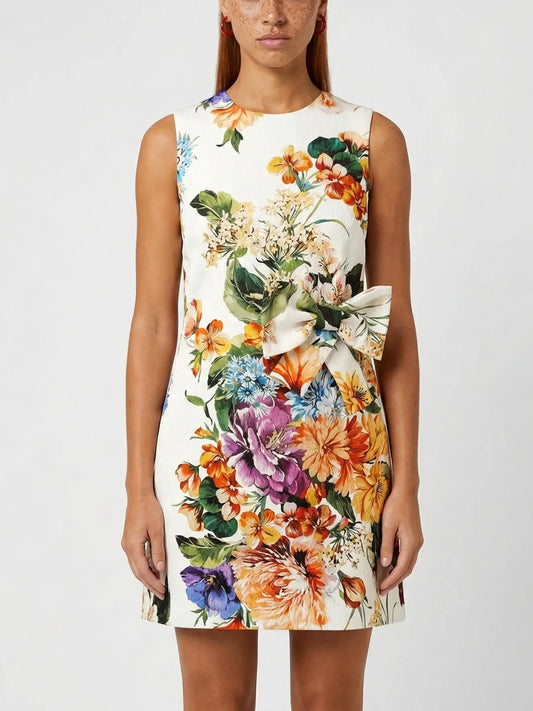 Floral Print Mini Dress with Bow Detail - S - Dresses
