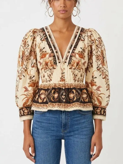 Floral Print Puff Sleeve Peplum Blouse with Lace Trim - Small - Tops