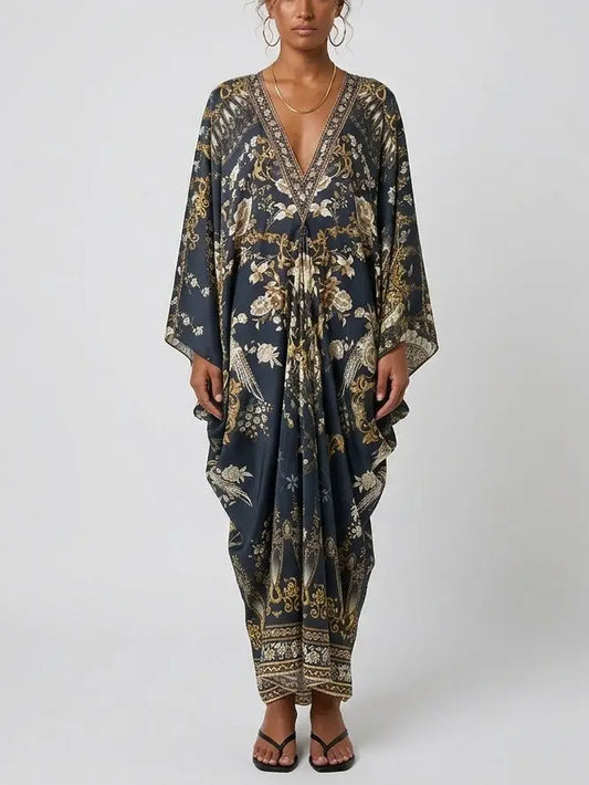 Floral Print Silk Maxi Kaftan Dress - One size - Dresses