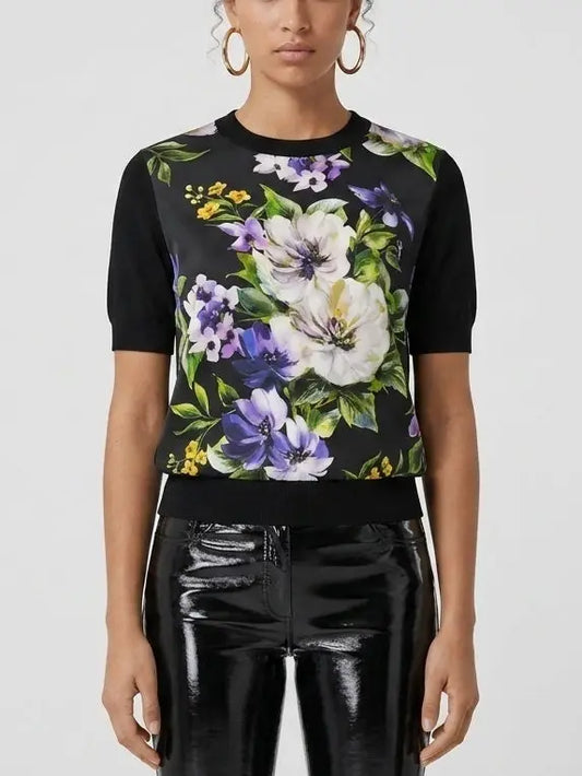 Floral Print Silk and Wool Knit Top - S / Black - Tops