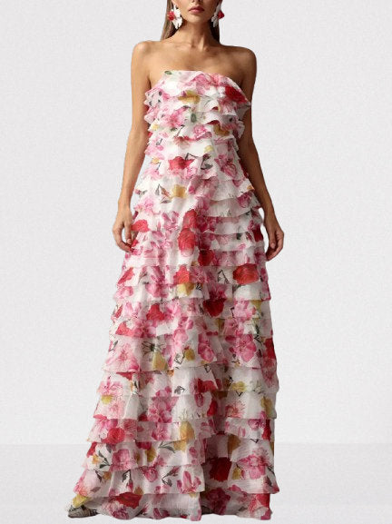 Floral Print Strapless Frill Tiered Maxi Dress - S - Dresses