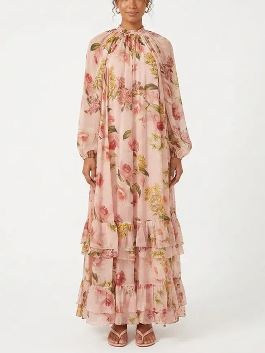 Floral Print Tiered Hem Maxi Dress - Small - Dresses