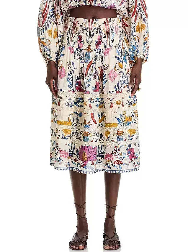 Floral Print Tiered Paneled Midi Skirt - Small - Skirts