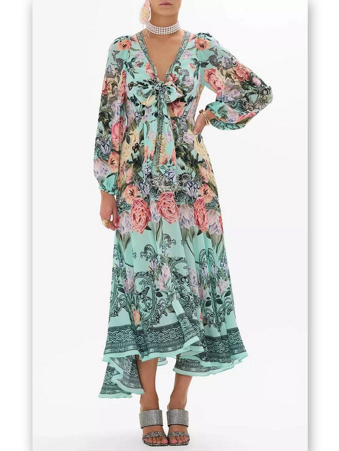 Floral Print V-Neck Blouson-Sleeve Wrap-Tie Dress - Branna Couture