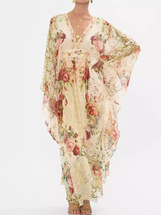 Floral Print V-Neck Kaftan Maxi Dress - S - Dresses