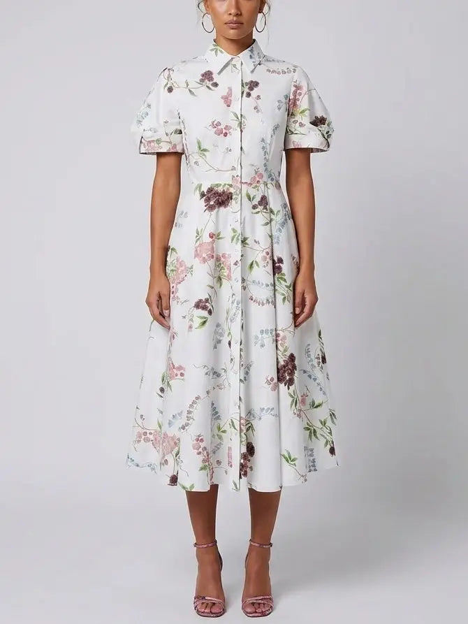 Floral Print White Cotton Midi Shirt Dress - Dresses