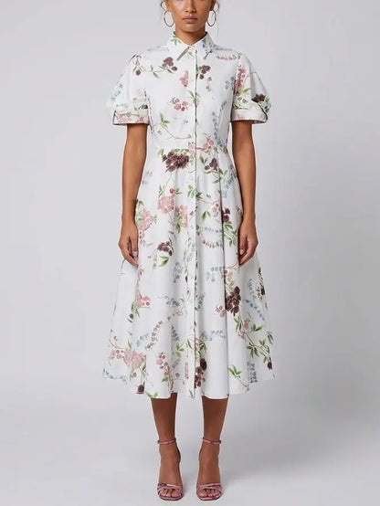 Floral Print White Cotton Midi Shirt Dress - Dresses