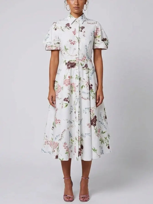 Floral Print White Cotton Midi Shirt Dress - Dresses