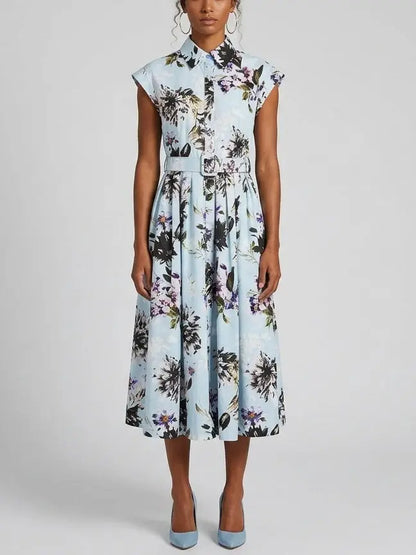 Floral Printed Midi Shirt Dress with Belt - S - Dresses