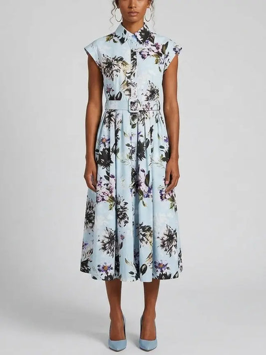 Floral Printed Midi Shirt Dress with Belt - S - Dresses