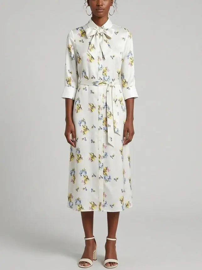 Floral Printed Silk Tie-Neck Shirt Dress - S - Dresses